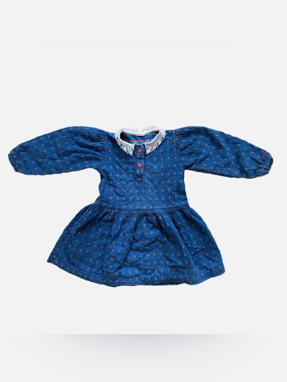 Vintage OshKosh B’Gosh Denim Floral Dress Lace Collar Puff Sleeve Toddler 2T-3T